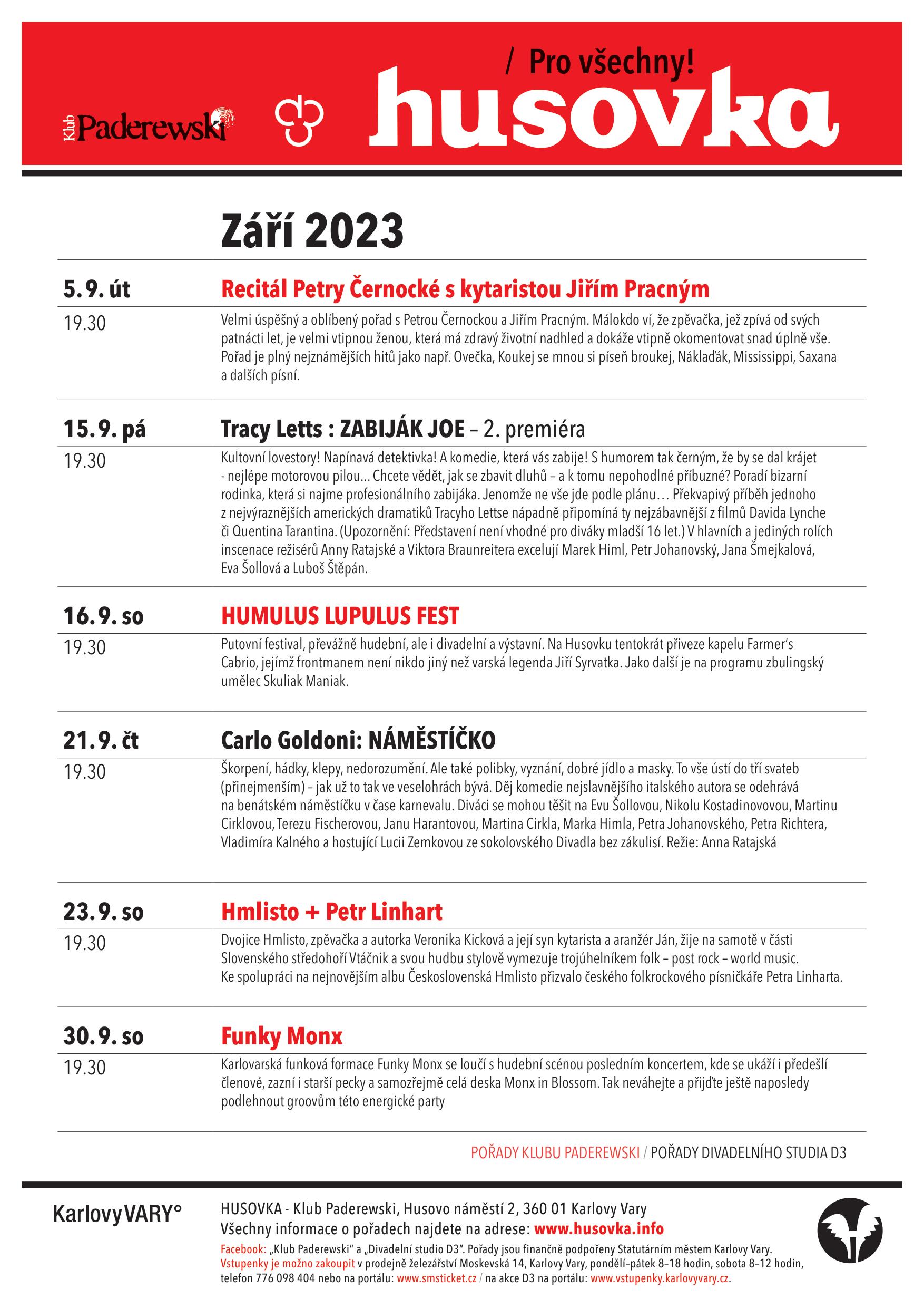 Program divadla Husovka na září 2023
